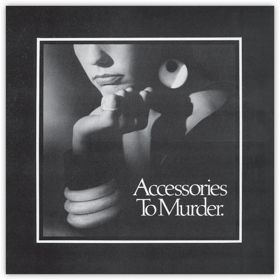 vintage ad with image of ivory bracelets: Accessories to murder.